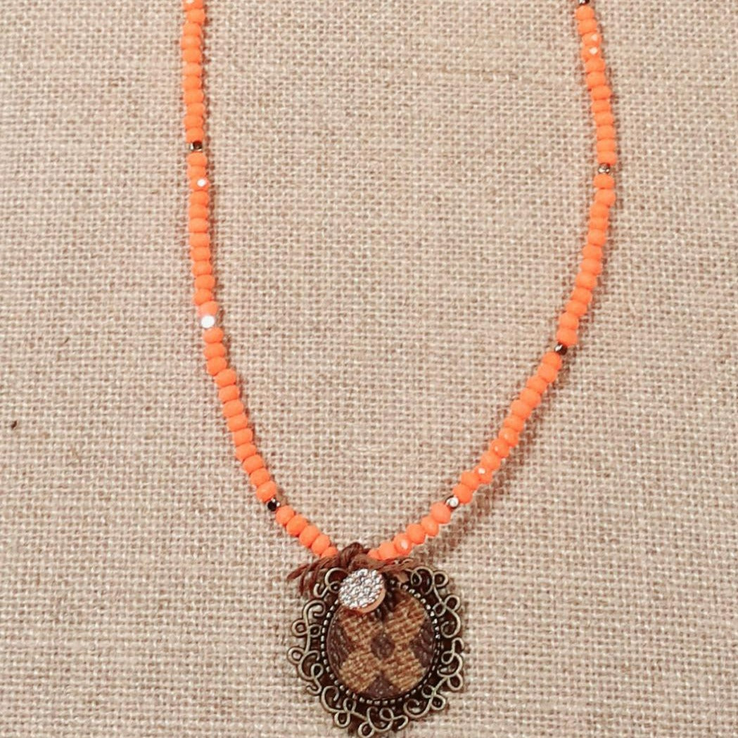 Scalloped Drop with Crystal & Coral Bead Vintage Necklace