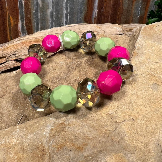 Hot Pink, Lime & Champagne Bead Stretch Bracelet