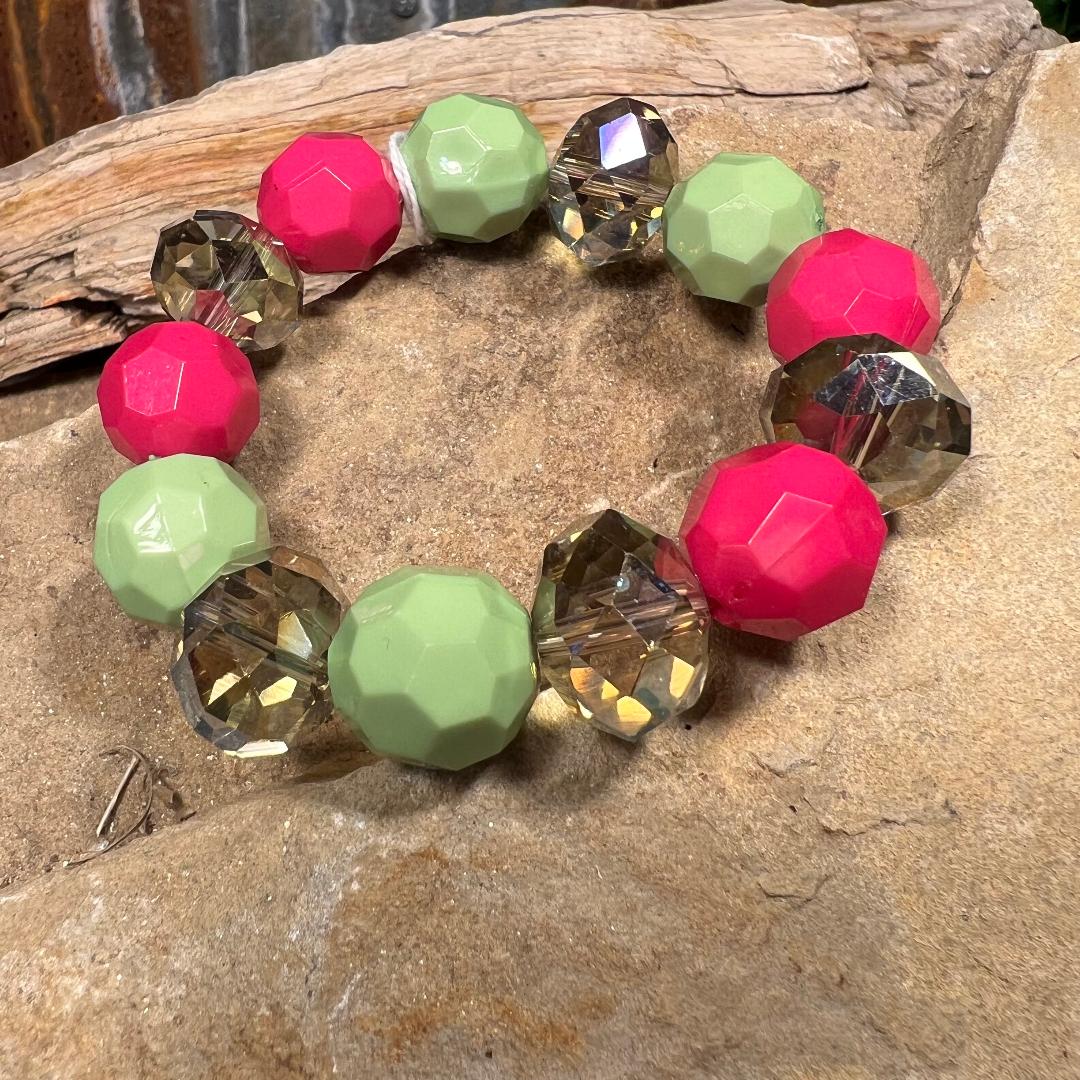 Hot Pink, Lime & Champagne Bead Stretch Bracelet
