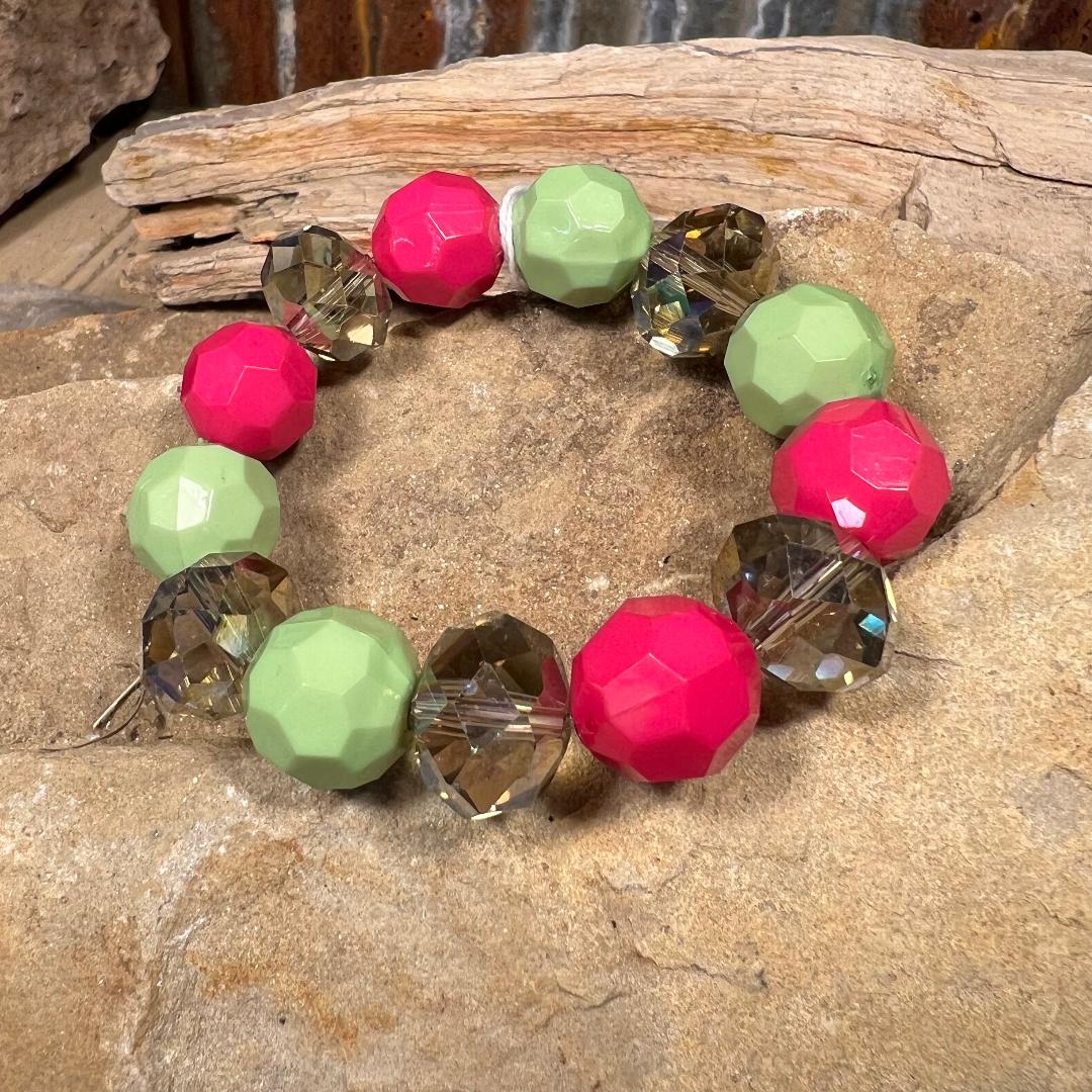 Hot Pink, Lime & Champagne Bead Stretch Bracelet