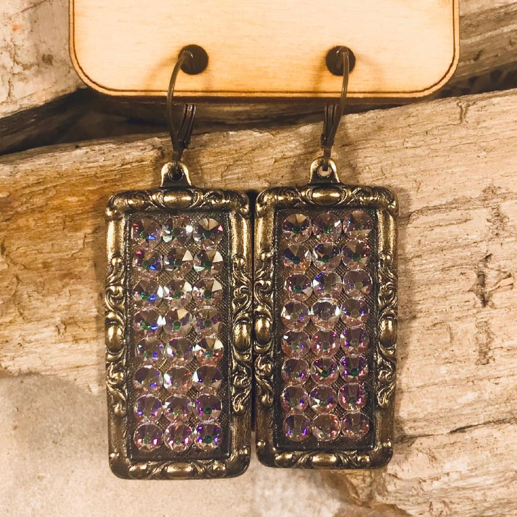 Rectangle Bronze & AB Crystal Earrings