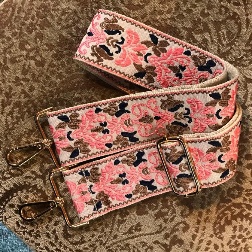 Damask Embroidered Adjustable Pink/White/Black Strap