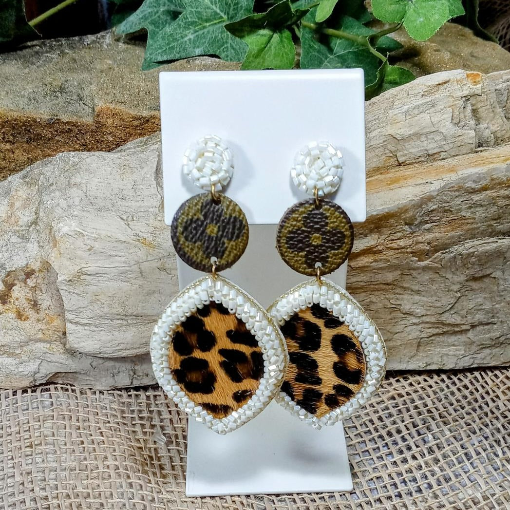 White Beaded “Up LV” Leopard Teardrop Earrings