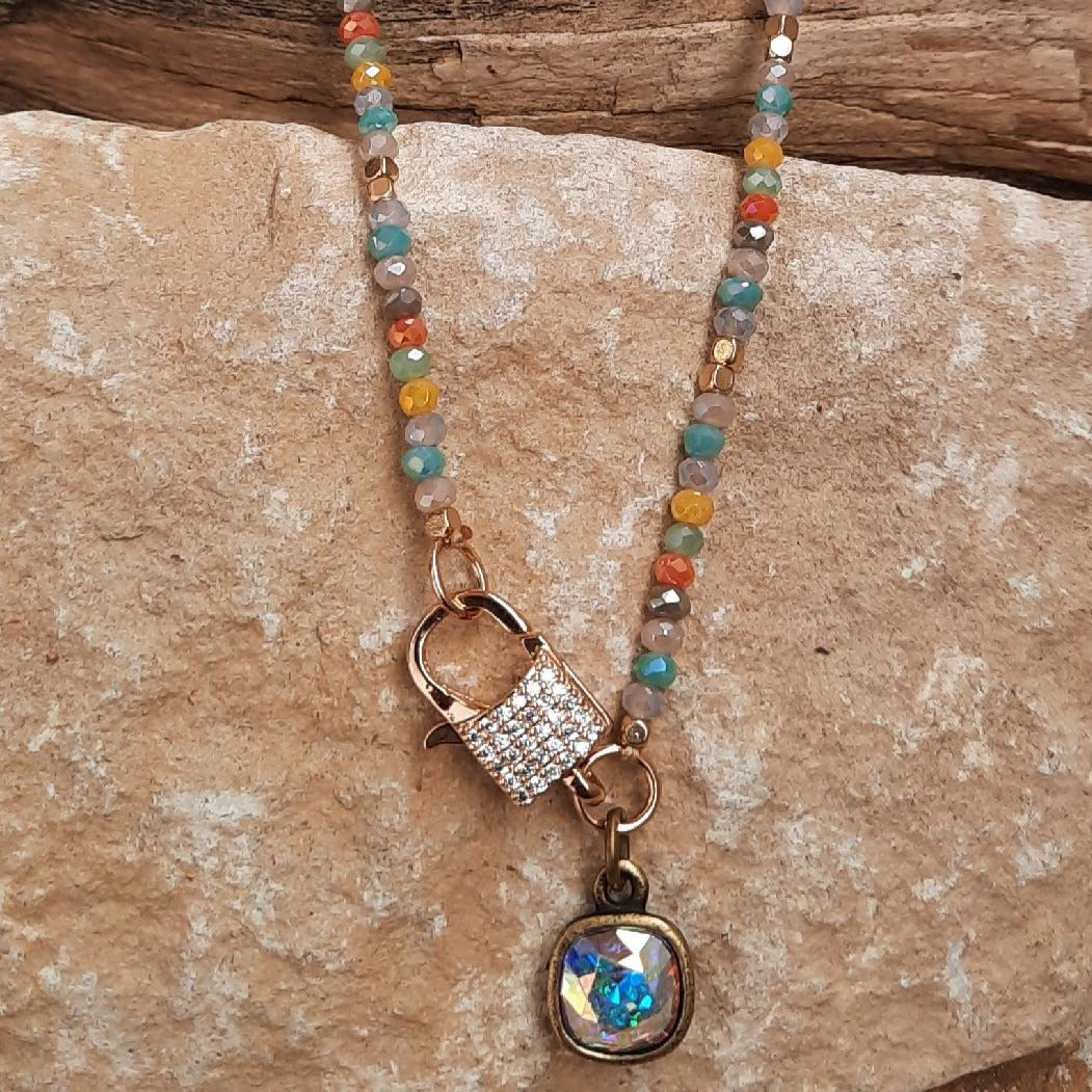 Multi Colored Beads & Iridescent Cushion Cut Drop Necklace