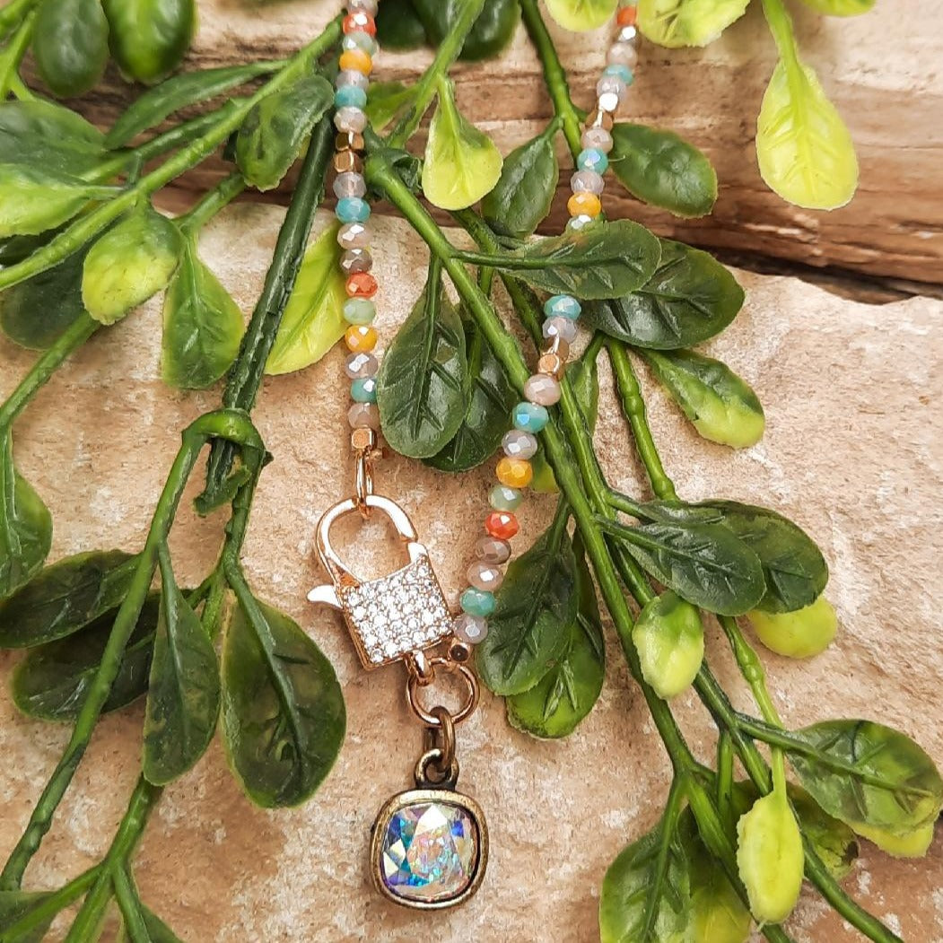 Multi Colored Beads & Iridescent Cushion Cut Drop Necklace