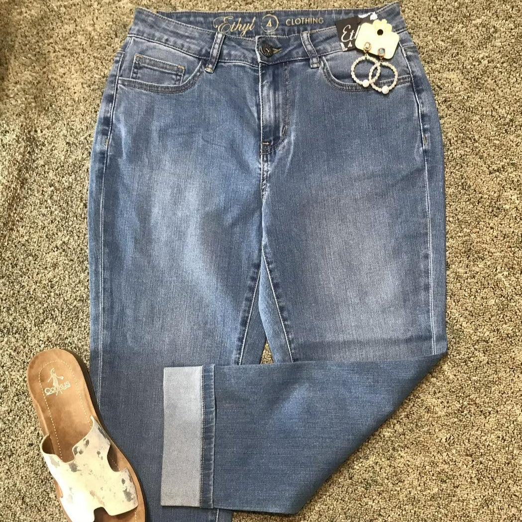Charmaine Rhinestone Cuffed Denim Capri