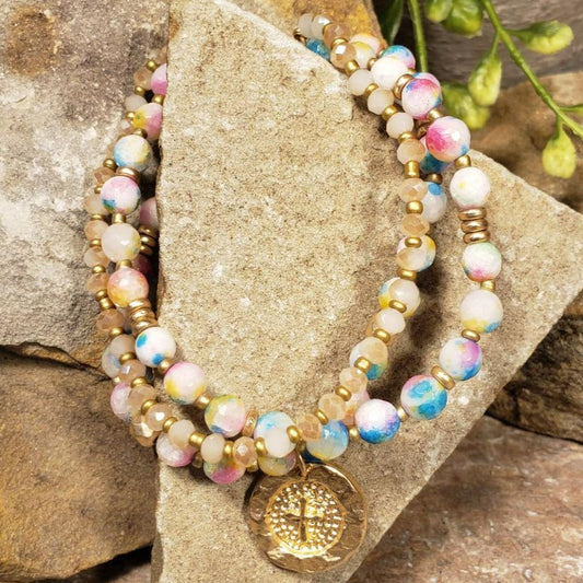 Champagne & Candy Jade Cross Bracelet, Set Of 3
