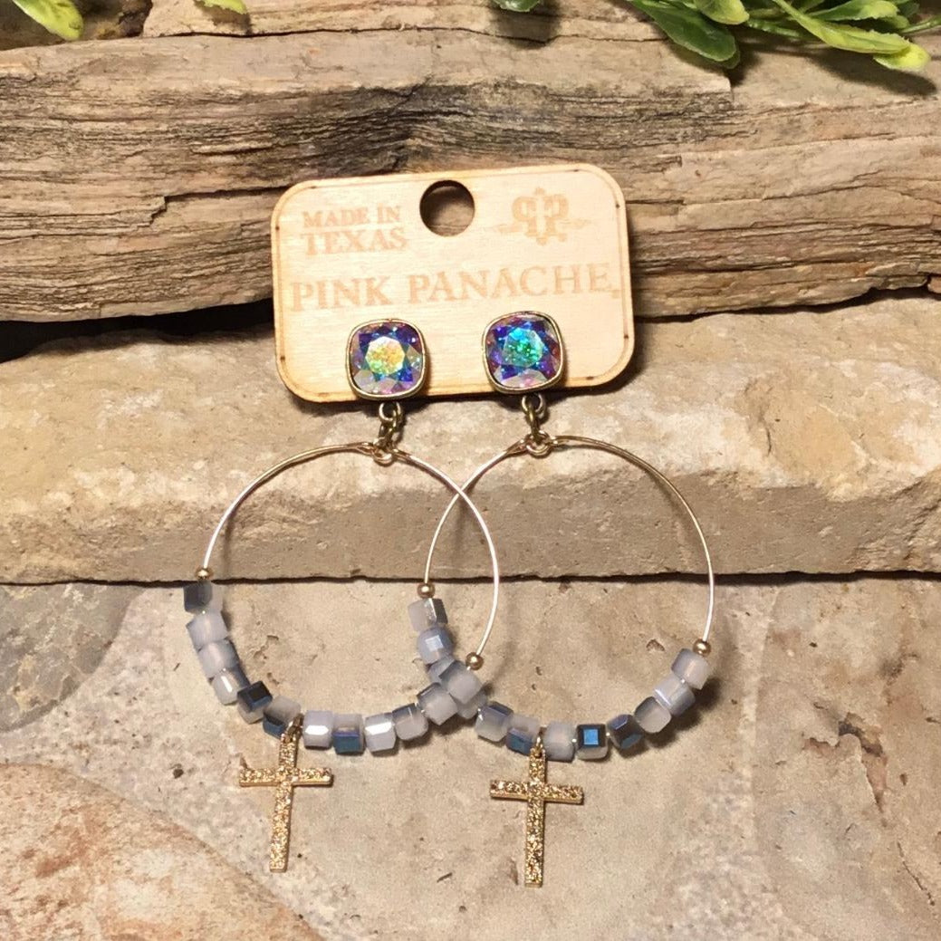 Gold Front Hoop w/ Grey Smoke Beads & Gold Cross Charm Earrings