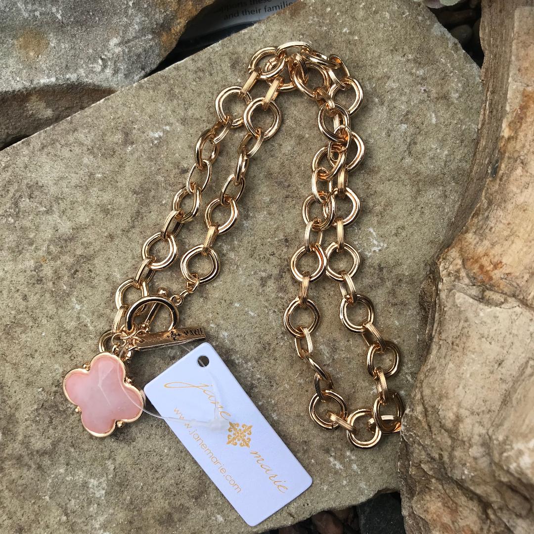 Gold Chain Encased Rose Quartz Clover Necklace