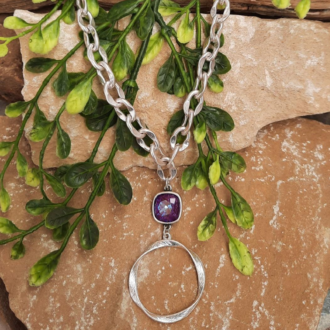 Silver & Purple Cushion Cut Crystal Front Toggle Chain