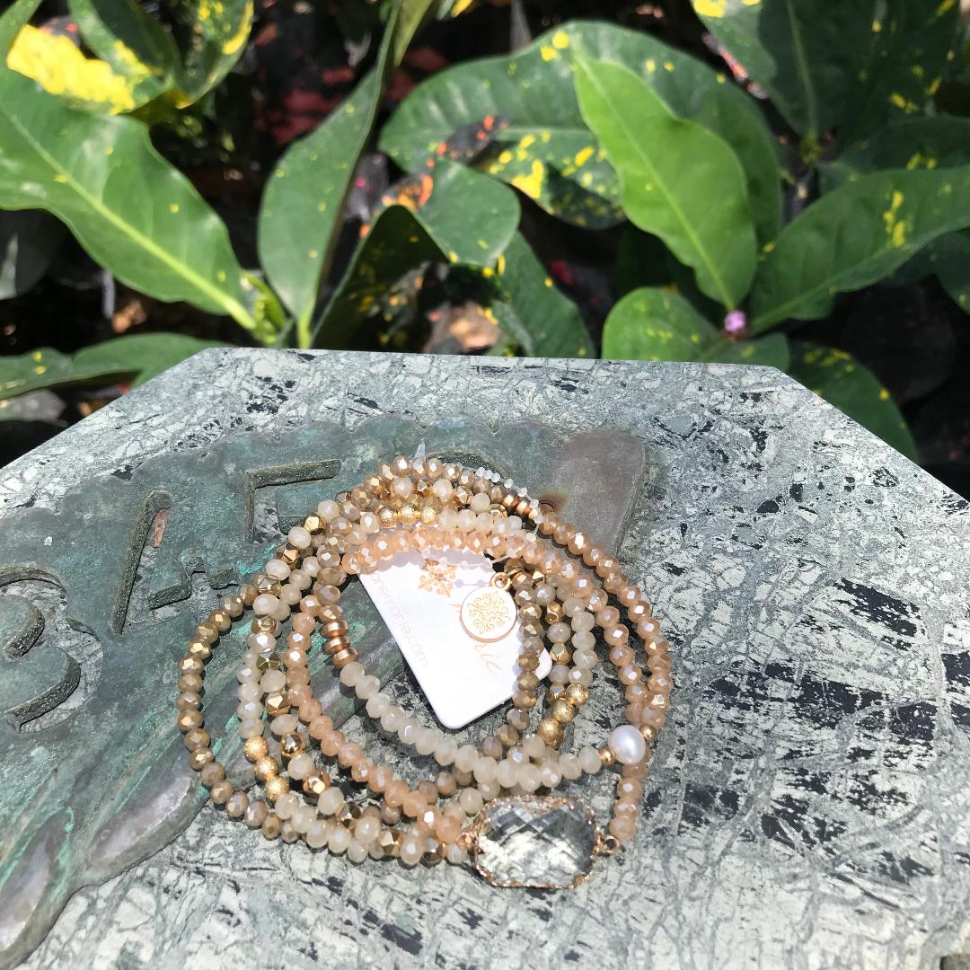 Champagne and Blush Beads with Clear Stone Charm Bracelet