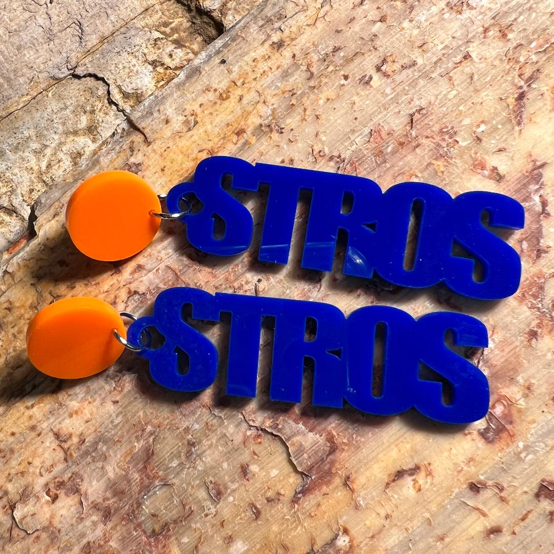 Astros Blue & Orange STROS Acrylic Dangle Earrings
