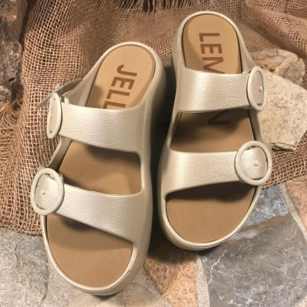 Warm Grey Double Buckle Platform Slides