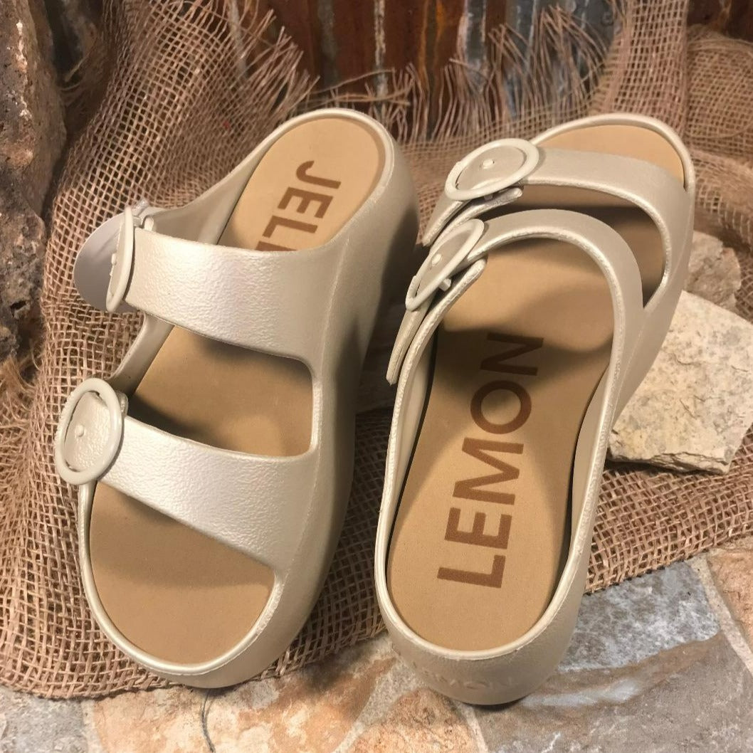 Warm Grey Double Buckle Platform Slides