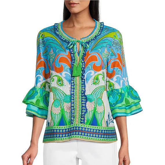 Woven Peacock Border Print Scoop Neck Tassel Tie 3/4 Ruffle Tiered Sleeve Top