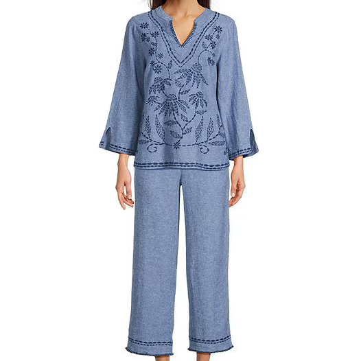 Floral Leaf Embroidered V-Neck 3/4 Split Sleeve Tunic