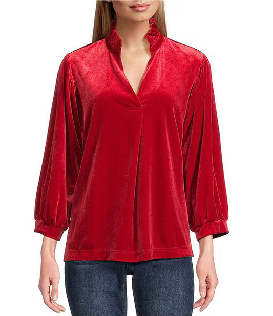 Ruffle Collar Velvet 3/4 Sleeve Pullover