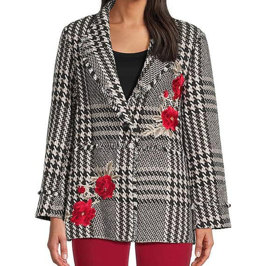 Plaid Tweed Floral Applique Shawl Collar Fringe Coat