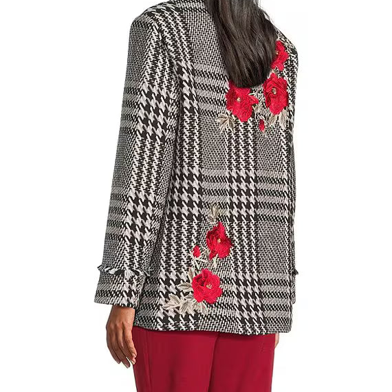Plaid Tweed Floral Applique Shawl Collar Fringe Coat