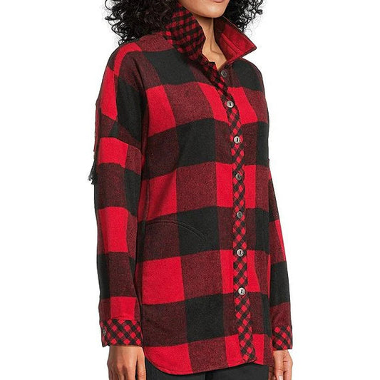 Woven Buffalo Plaid Wire Collar Long Sleeve Hi-Low Hem Button Front Tunic
