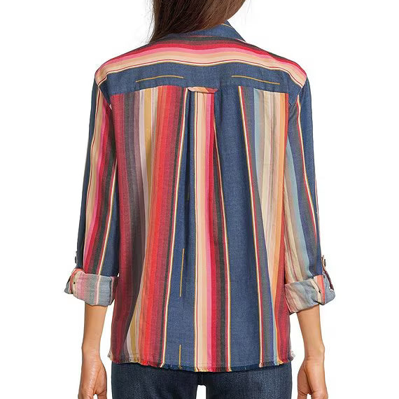 Woven Multi Strip Roll Tab L/S Button Down Blouse