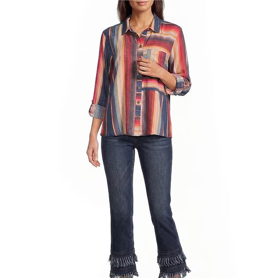 Woven Multi Strip Roll Tab L/S Button Down Blouse