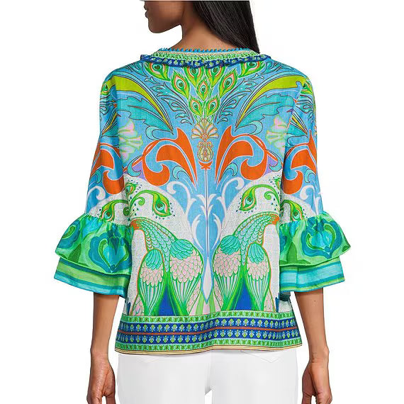 Woven Peacock Border Print Scoop Neck Tassel Tie 3/4 Ruffle Tiered Sleeve Top