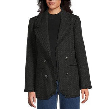 Tweed Open Lapel Long Sleeve Button Front Fringe Lined Coat