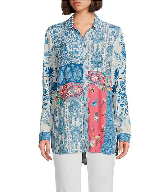 Multi Print Top with Roll Sleeves