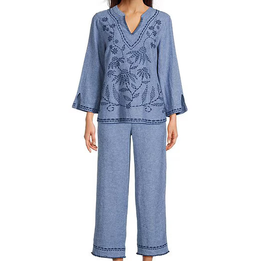 Embroidered Frayed Hem Straight Leg Pull-On Pants