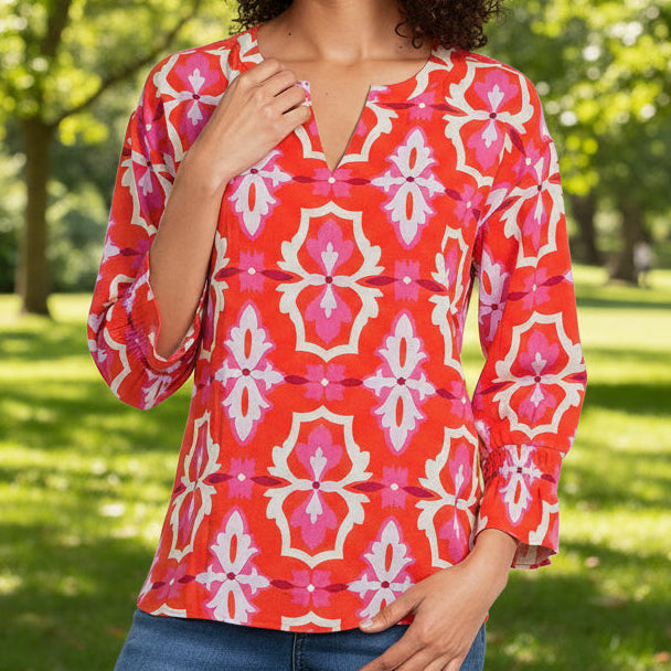 Woven Retro Geometric Split V-Neck Long Sleeve Smocked Cuff Pullover Tunic