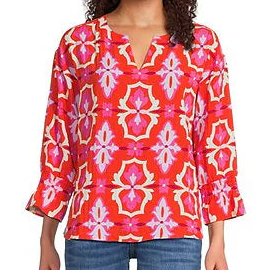 Woven Retro Geometric Split V-Neck Long Sleeve Smocked Cuff Pullover Tunic