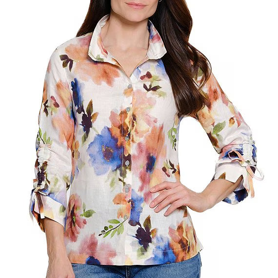 Watercolor Floral Print Wire collar 3/4 Sleeve Button-Front Blouse