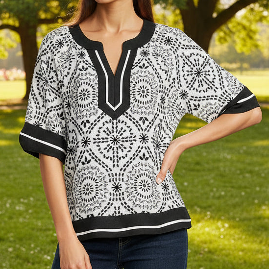 Woven Medallion Print Collared Split V-Neck Elbow Sleeve Contrast Trim Top
