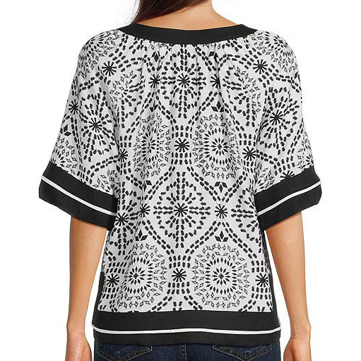 Woven Medallion Print Collared Split V-Neck Elbow Sleeve Contrast Trim Top