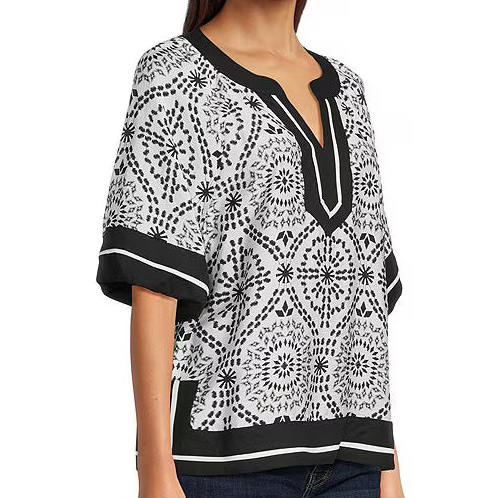 Woven Medallion Print Collared Split V-Neck Elbow Sleeve Contrast Trim Top
