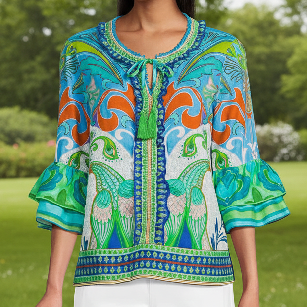 Woven Peacock Border Print Scoop Neck Tassel Tie 3/4 Ruffle Tiered Sleeve Top