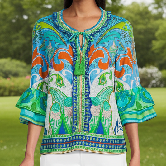Woven Peacock Border Print Scoop Neck Tassel Tie 3/4 Ruffle Tiered Sleeve Top