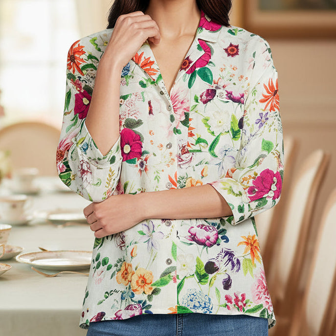 Crinkle Botanical Floral Point Collar 3/4 Sleeve Button Front Shirt