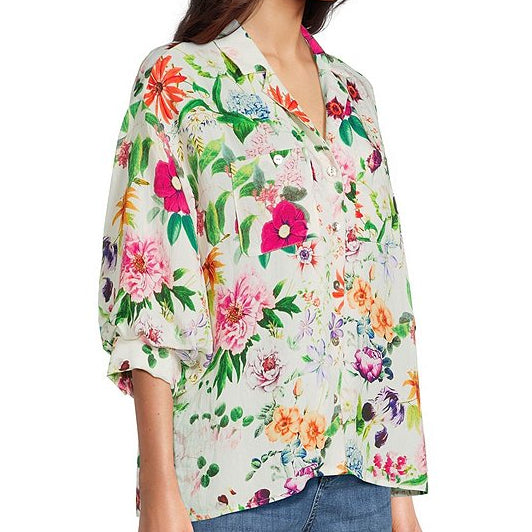 Crinkle Botanical Floral Point Collar 3/4 Sleeve Button Front Shirt
