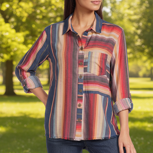 Woven Multi Strip Roll Tab L/S Button Down Blouse