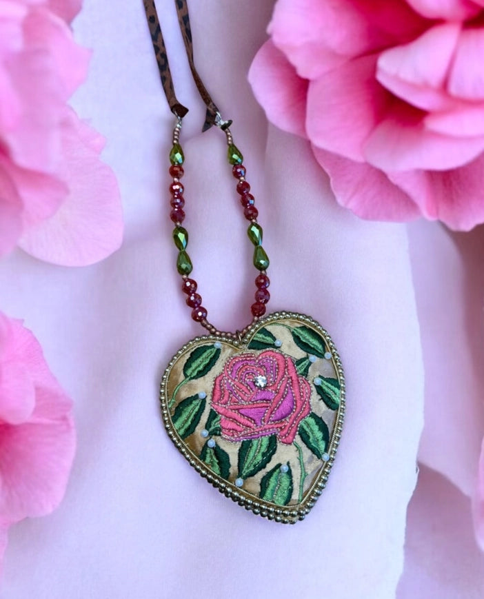 Satin Embroidered Rose Heart Necklace