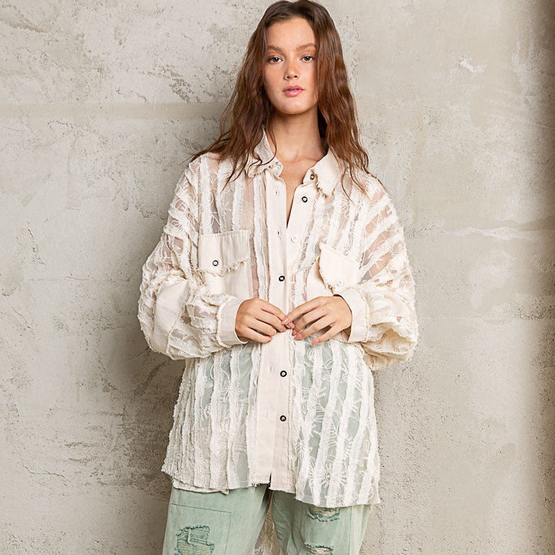 Sheer Lace & Twill Button Down Oversized Top