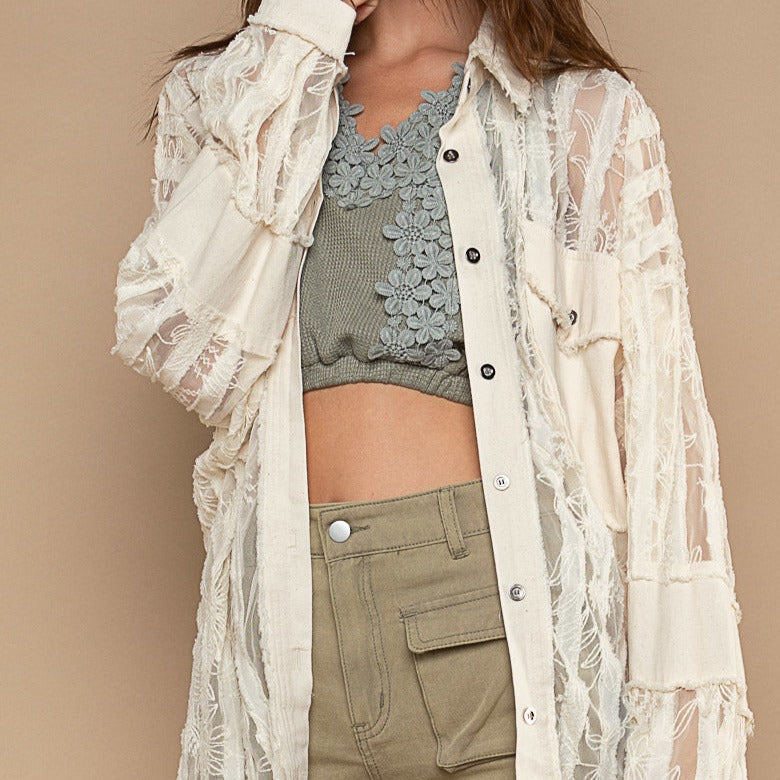 Sheer Lace & Twill Button Down Oversized Top