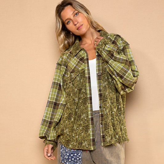 Plaid Floral Mixed Olive Button Down Oversized Shirt