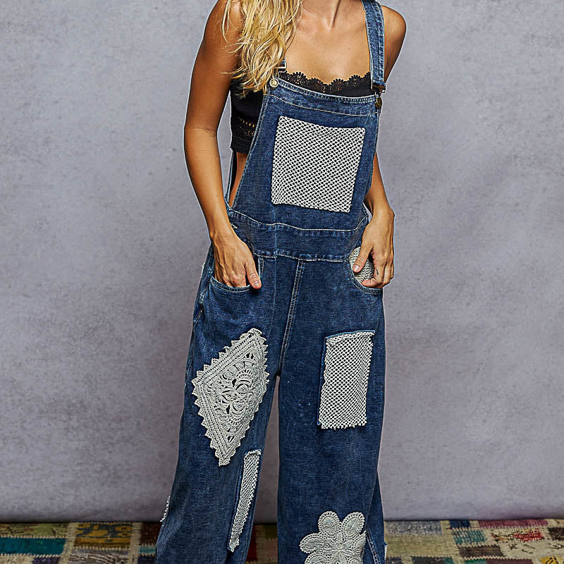 Twill Crochet Patch Overalls