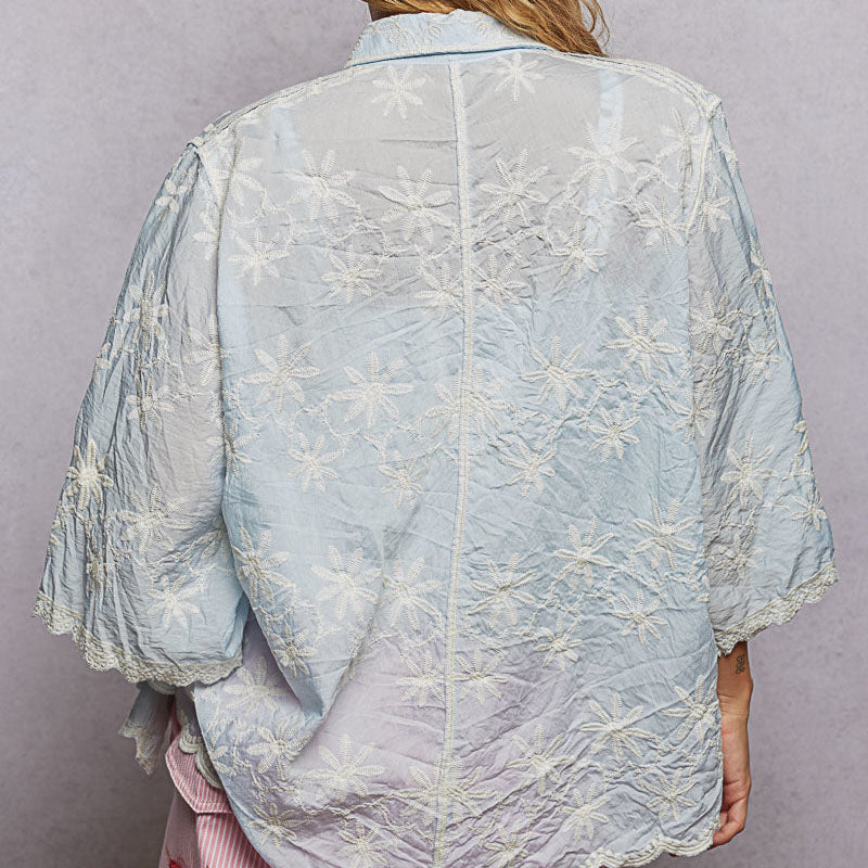 Sky Blue Relaxed Fit Foral Embroidery Top