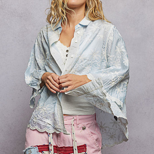 Sky Blue Relaxed Fit Foral Embroidery Top