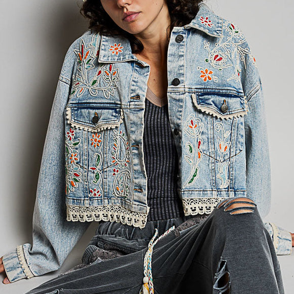 Floral Embroidered Cropped Denim Jacket