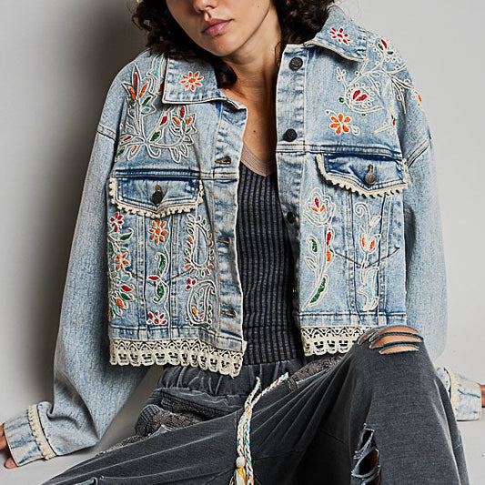 Floral Embroidered Cropped Denim Jacket